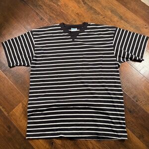Vintage Cheetah Mervyns Striped Pocket T-Shirt Mens XL Black White 90s Cotton